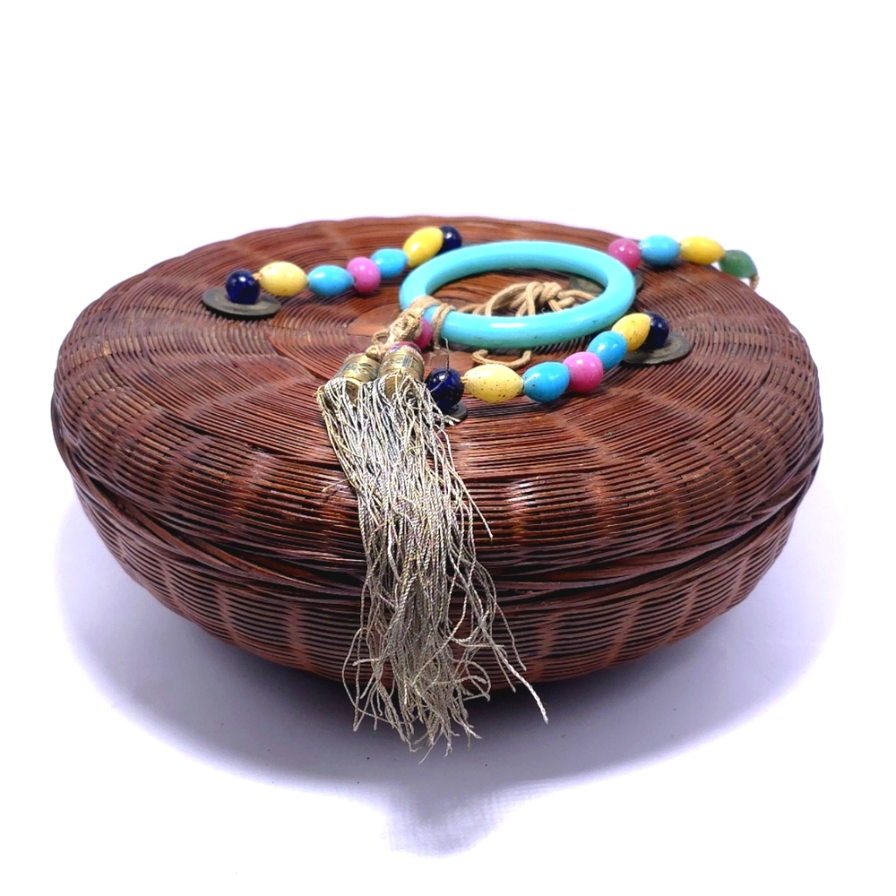Vintage Wicker Chinese Sewing Basket Coins, Beads & Tassels Wood Thread Spools